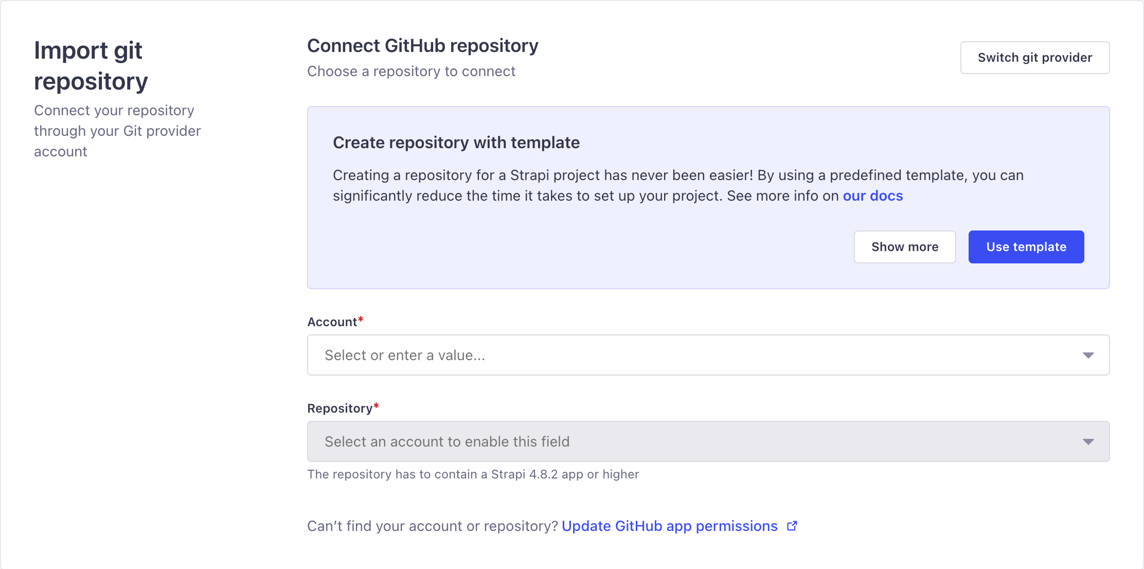 Selecting GitHub account and repository