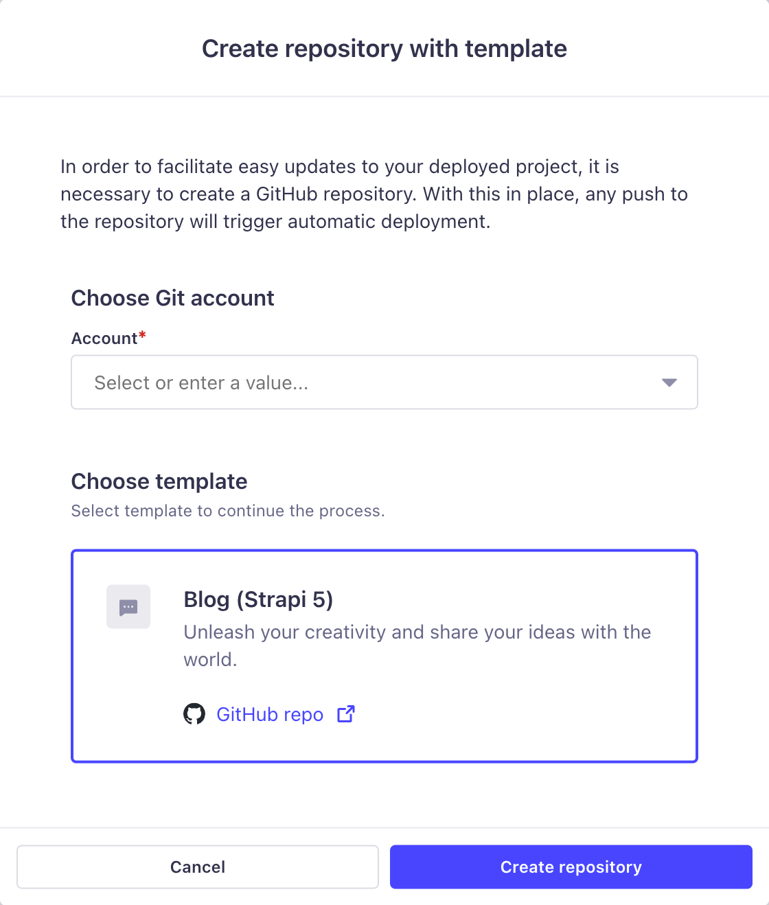 Create repo with template modal